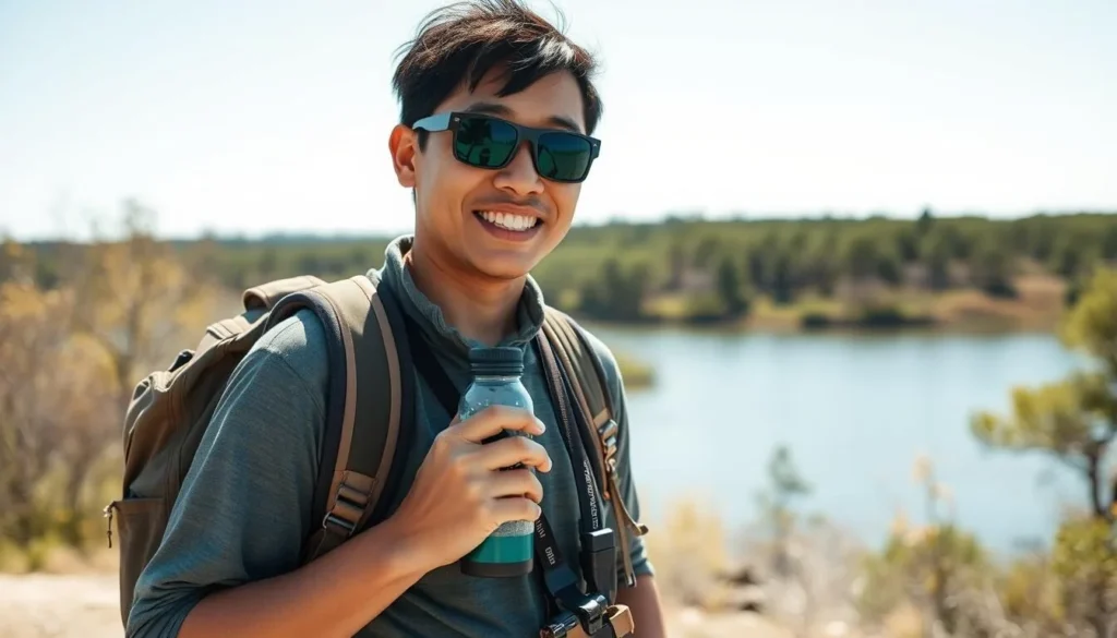 A well-prepared visitor at Coffeen Lake State Park with proper gear including binoculars and hiking boots