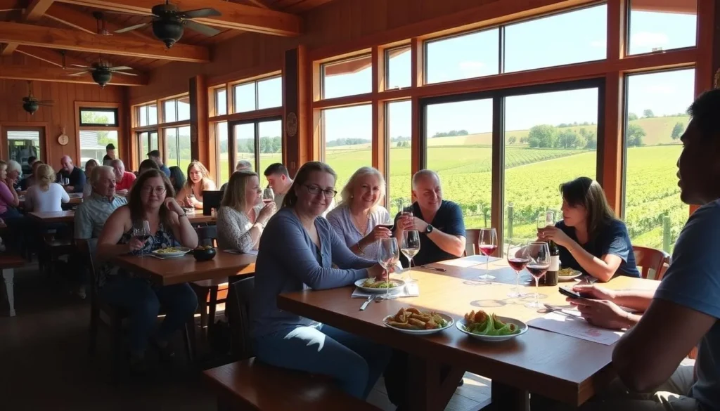 A winery tasting room on the Shawnee Hills Wine Trail with visitors enjoying wine and food with vineyard views