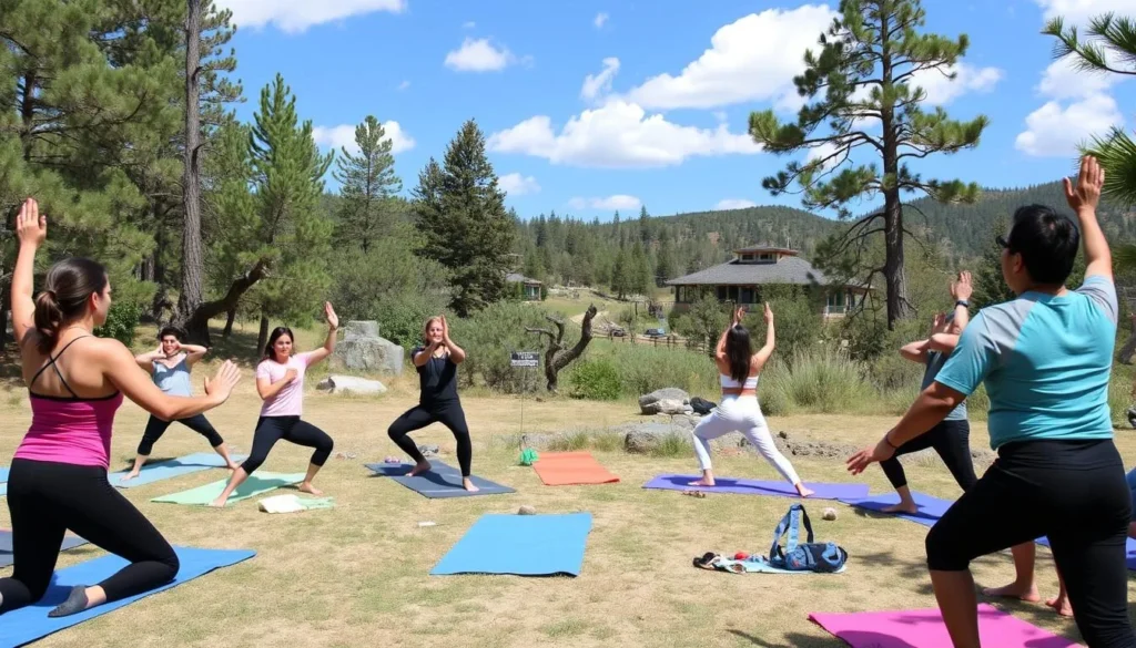A yoga class taking place in the outdoor area at Harbin Hot Springs California with diverse participants A yoga class taking place in the outdoor area at Harbin Hot Springs California with diverse participants