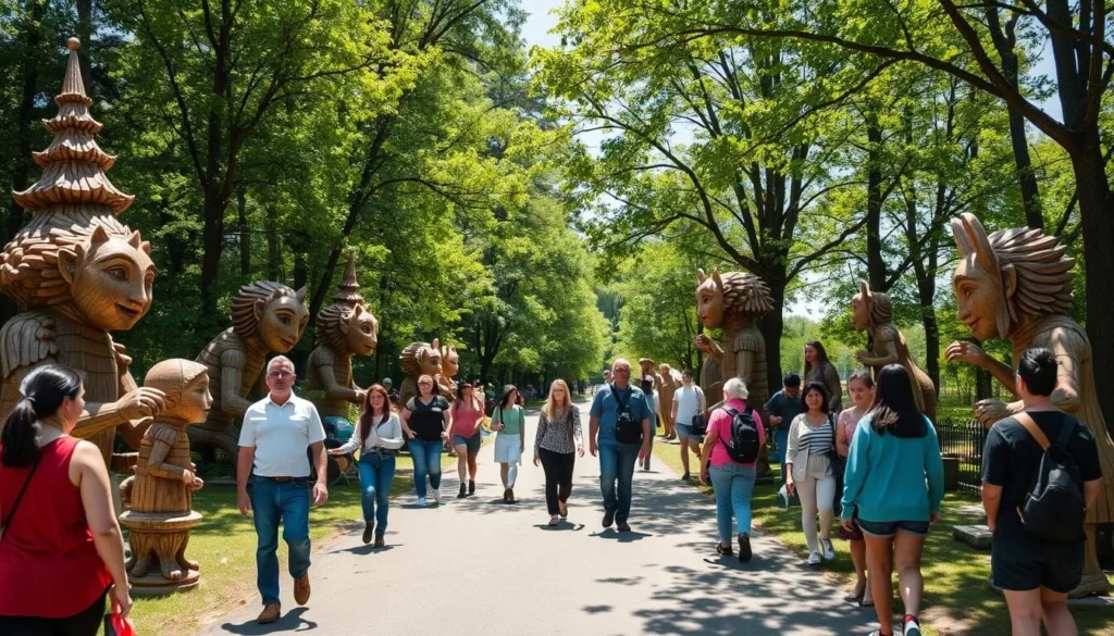 A.K. Tolstoy Park Museum with wooden sculptures and diverse visitors enjoying the grounds A.K. Tolstoy Park Museum with wooden sculptures and diverse visitors enjoying the grounds