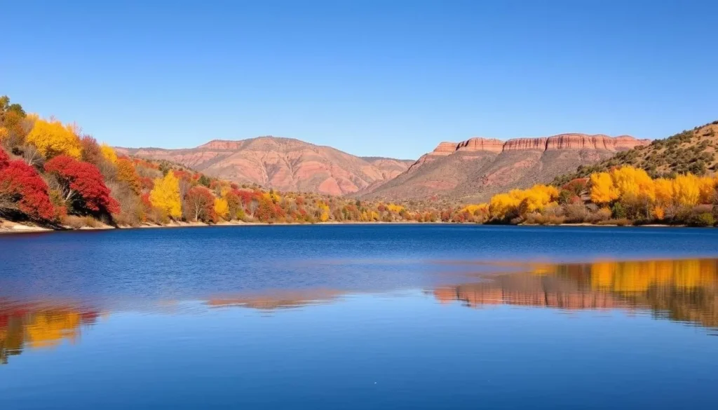 Abiquiu Lake in autumn with colorful foliage and clear blue water Abiquiu Lake in autumn with colorful foliage and clear blue water