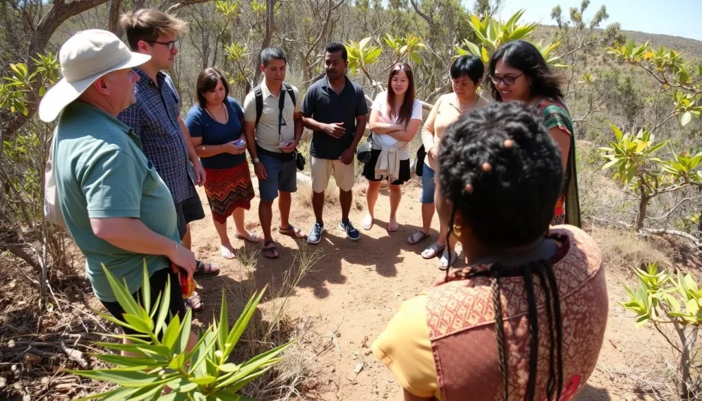 Aboriginal cultural experience at Koomal Dreaming near Dunsborough with tourists learning about traditional practices Aboriginal cultural experience at Koomal Dreaming near Dunsborough with tourists learning about traditional practices