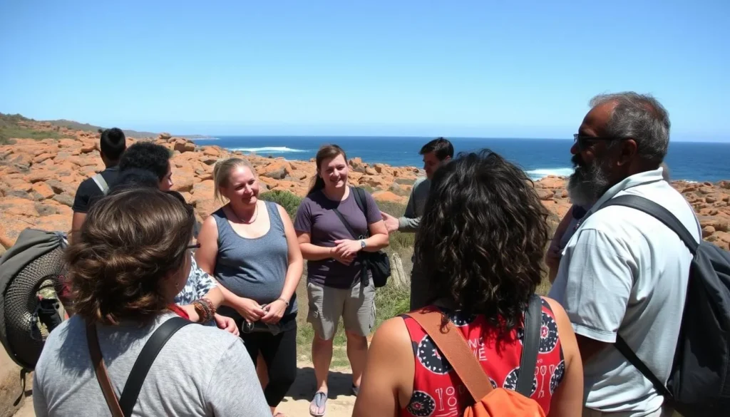 Aboriginal cultural tour in the Bay of Fires area with diverse tourists learning about Palawa history Aboriginal cultural tour in the Bay of Fires area with diverse tourists learning about Palawa history