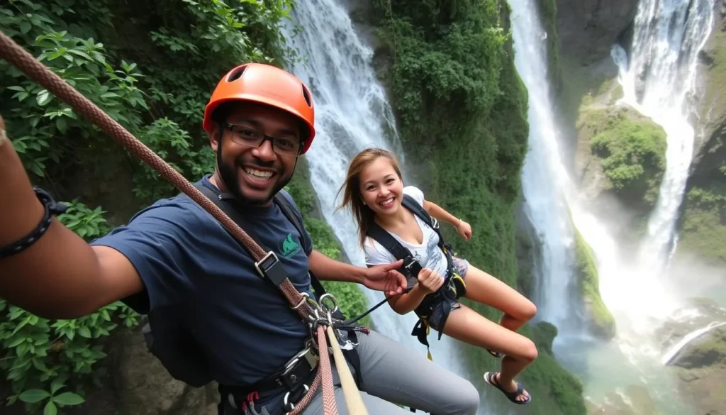 Abseiling adventure at Sipi Falls with instructor and tourist descending the waterfall