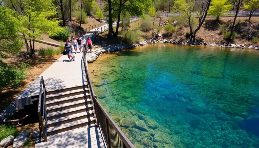 Accessible boardwalk and stairs leading down to Troy Spring with visitors walking along the path Accessible boardwalk and stairs leading down to Troy Spring with visitors walking along the path