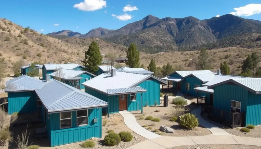Accommodation options at Harbin Hot Springs California showing the Grove Cottages with mountains in the background Accommodation options at Harbin Hot Springs California showing the Grove Cottages with mountains in the background