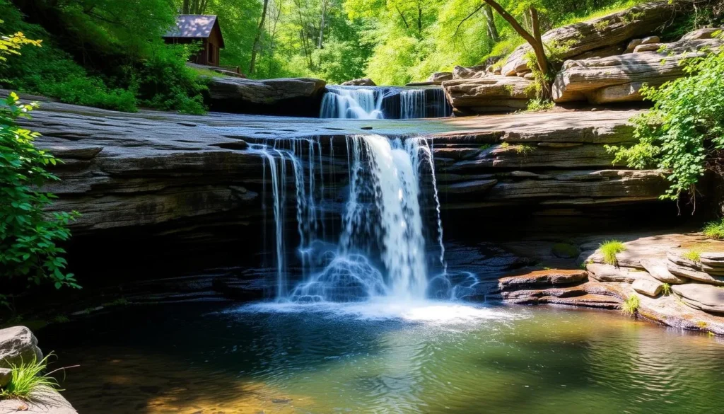 Adams Falls waterfall at Linn Run State Park with flowing water cascading over rocks Adams Falls waterfall at Linn Run State Park with flowing water cascading over rocks