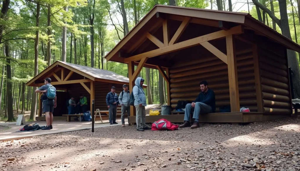 Adirondack-style shelter camping area at Laurel Ridge State Park with hikers setting up camp Adirondack-style shelter camping area at Laurel Ridge State Park with hikers setting up camp