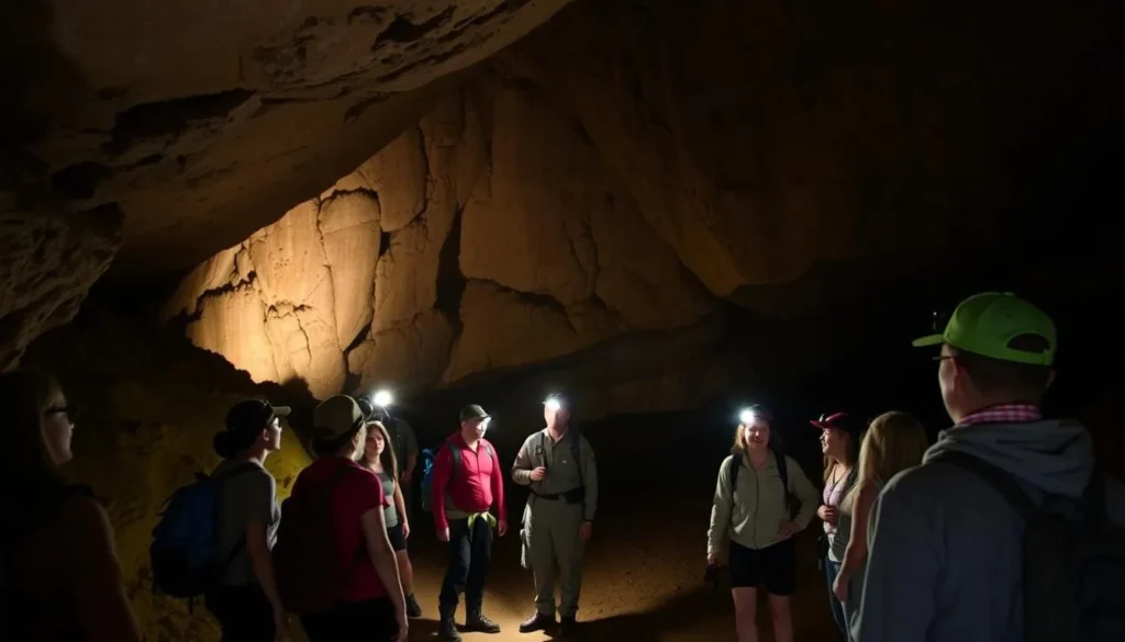 Adventurous visitors exploring Slaughter Canyon Cave with headlamps in its natural state Adventurous visitors exploring Slaughter Canyon Cave with headlamps in its natural state