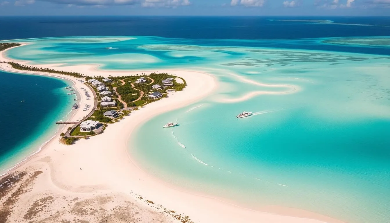 Aerial view of Ambergris Cay Turks & Caicos showing pristine beaches and turquoise waters