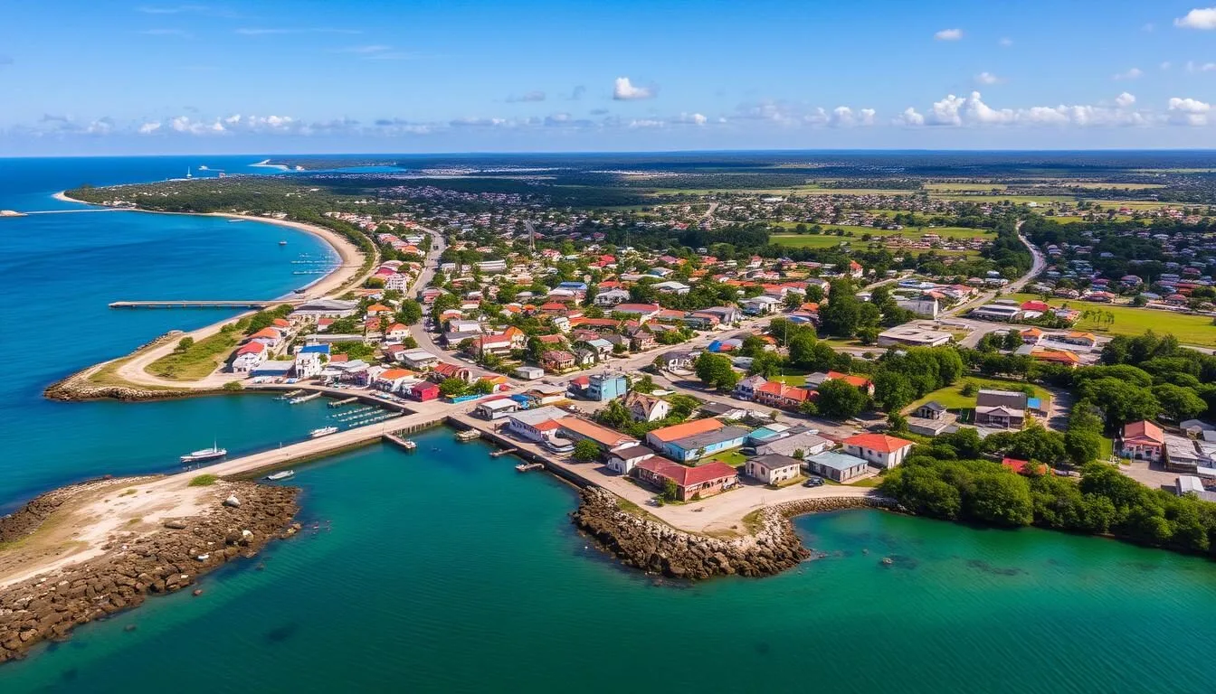 Aerial view of Anna Regina town with the Atlantic Ocean in the background, showing the town's layout and proximity to water