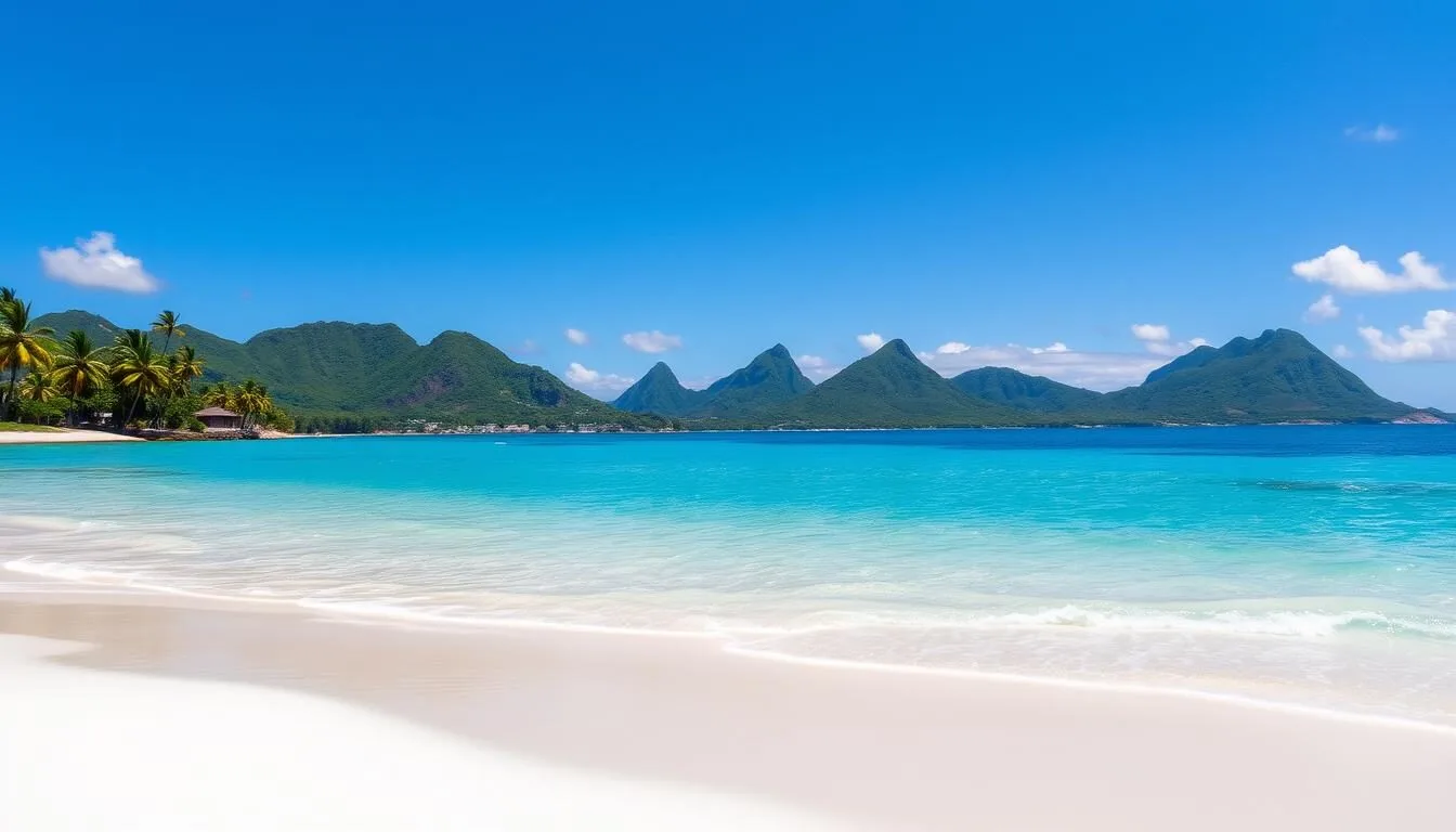 Aerial view of Anse de Sables beach with turquoise waters and white sand