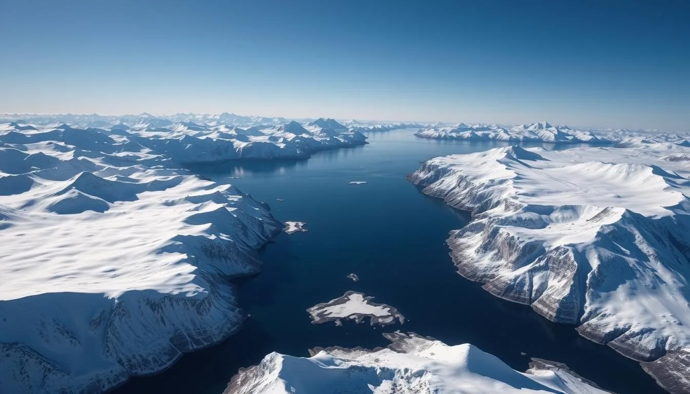 Aerial view of Arctic landscape with snow-covered mountains and fjords