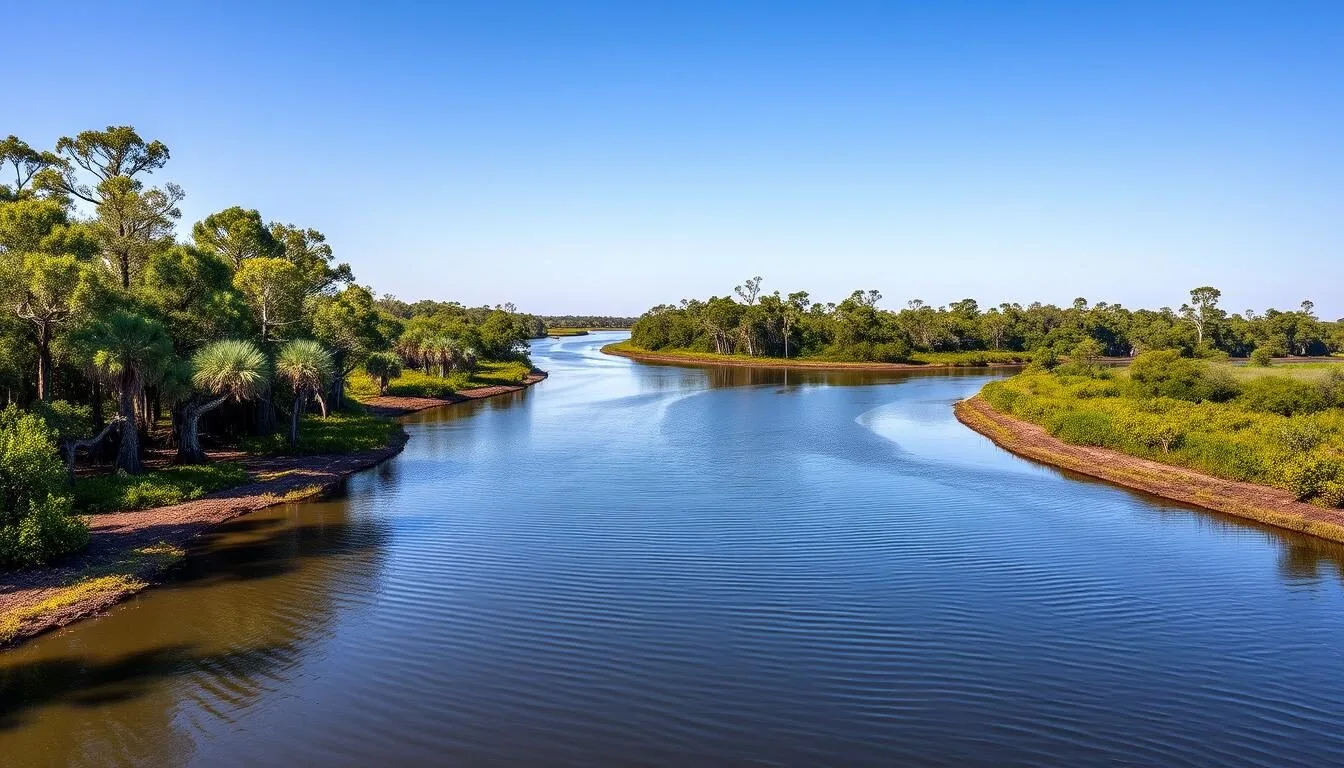 Aerial view of Bayou Lacassine's winding waterways surrounded by lush cypress trees