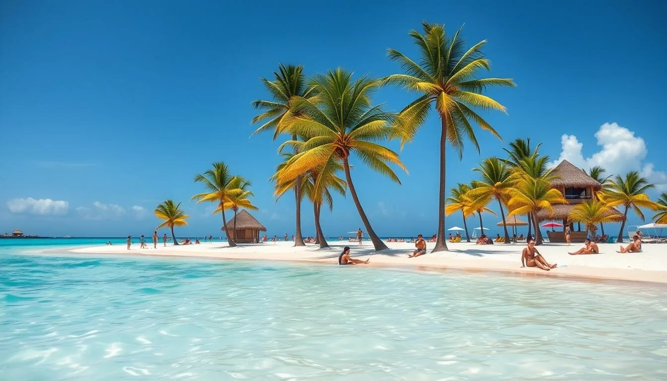 Aerial view of Blauwbaai beach in Curacao showing turquoise waters and white sand