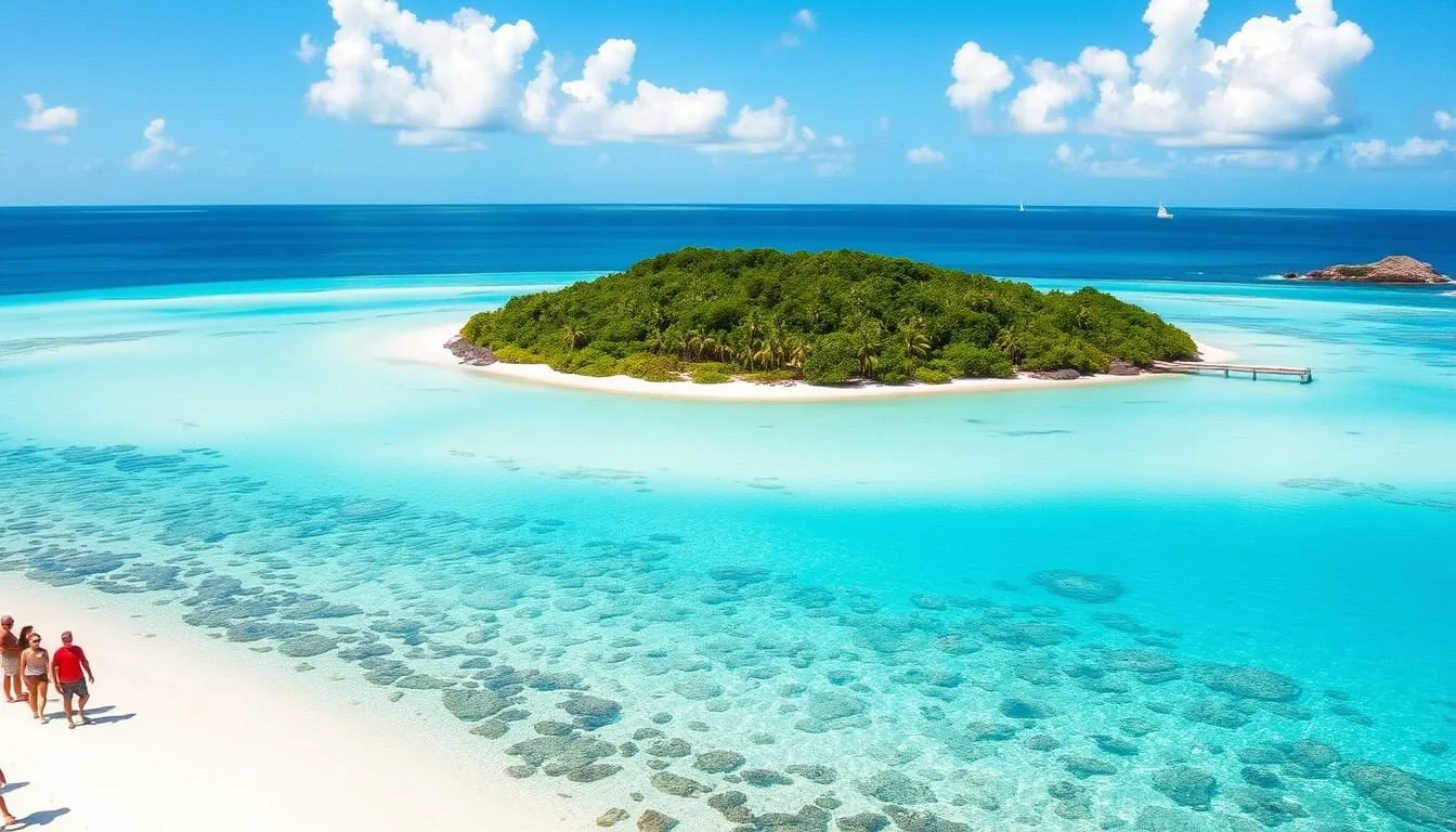 Aerial view of Buck Island's pristine white sand beaches and turquoise waters, showing the Buck Island U.S. Virgin Islands things to do
