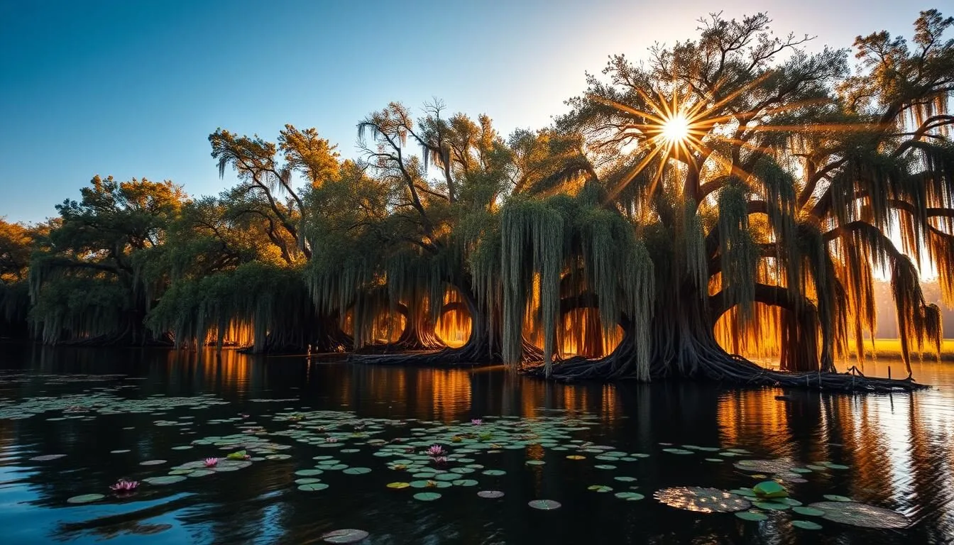 Aerial-view-of-Caddo-Lakes-cypress-trees-draped-in-Spanish-moss-with-morning-mist-rising-from- Aerial view of Caddo Lake's cypress trees draped in Spanish moss with morning mist rising from the water