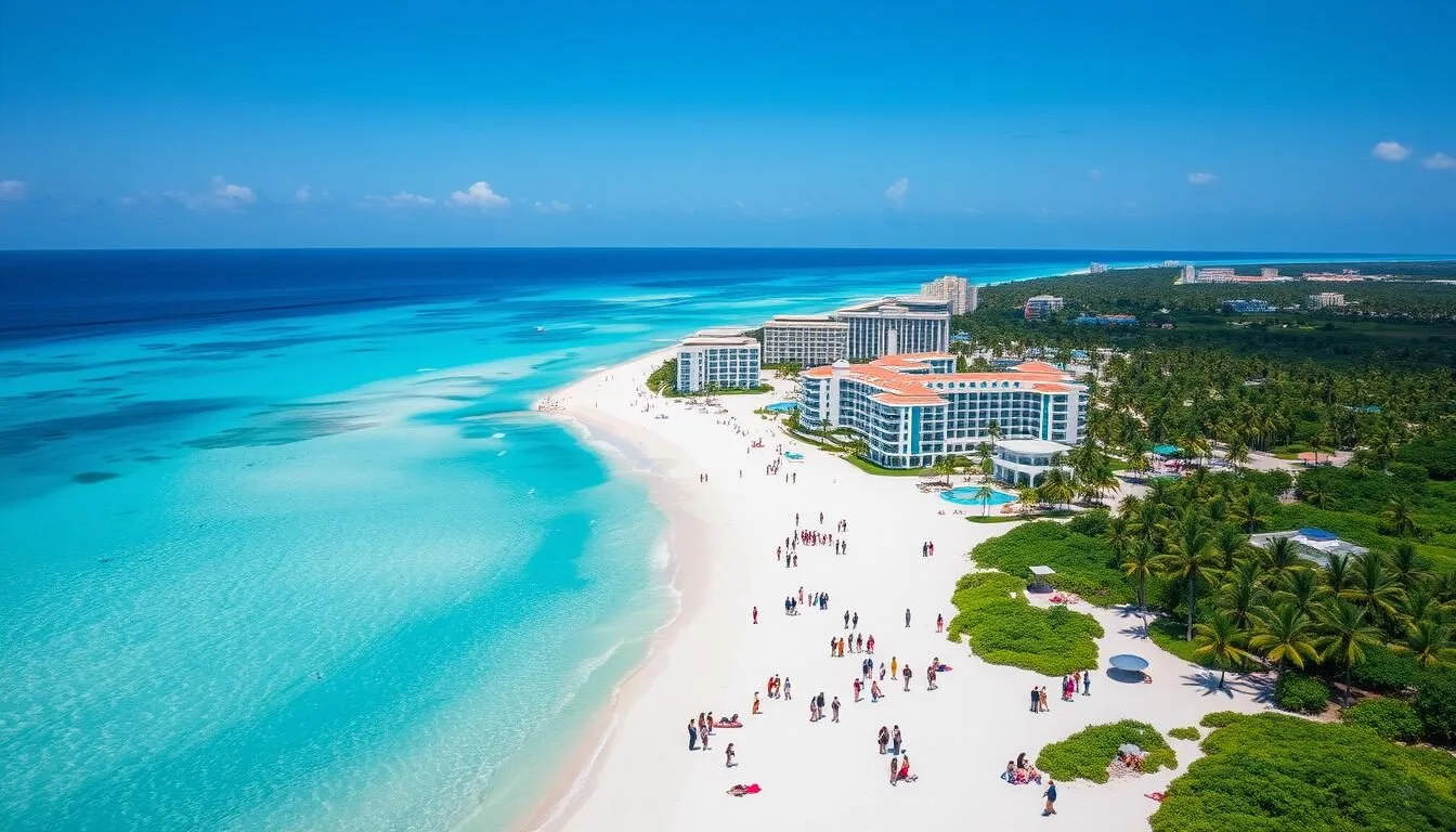Aerial-view-of-Cancuns-coastline-showing-turquoise-waters-and-white-sand-beaches Aerial view of Cancun's coastline showing turquoise waters and white sand beaches