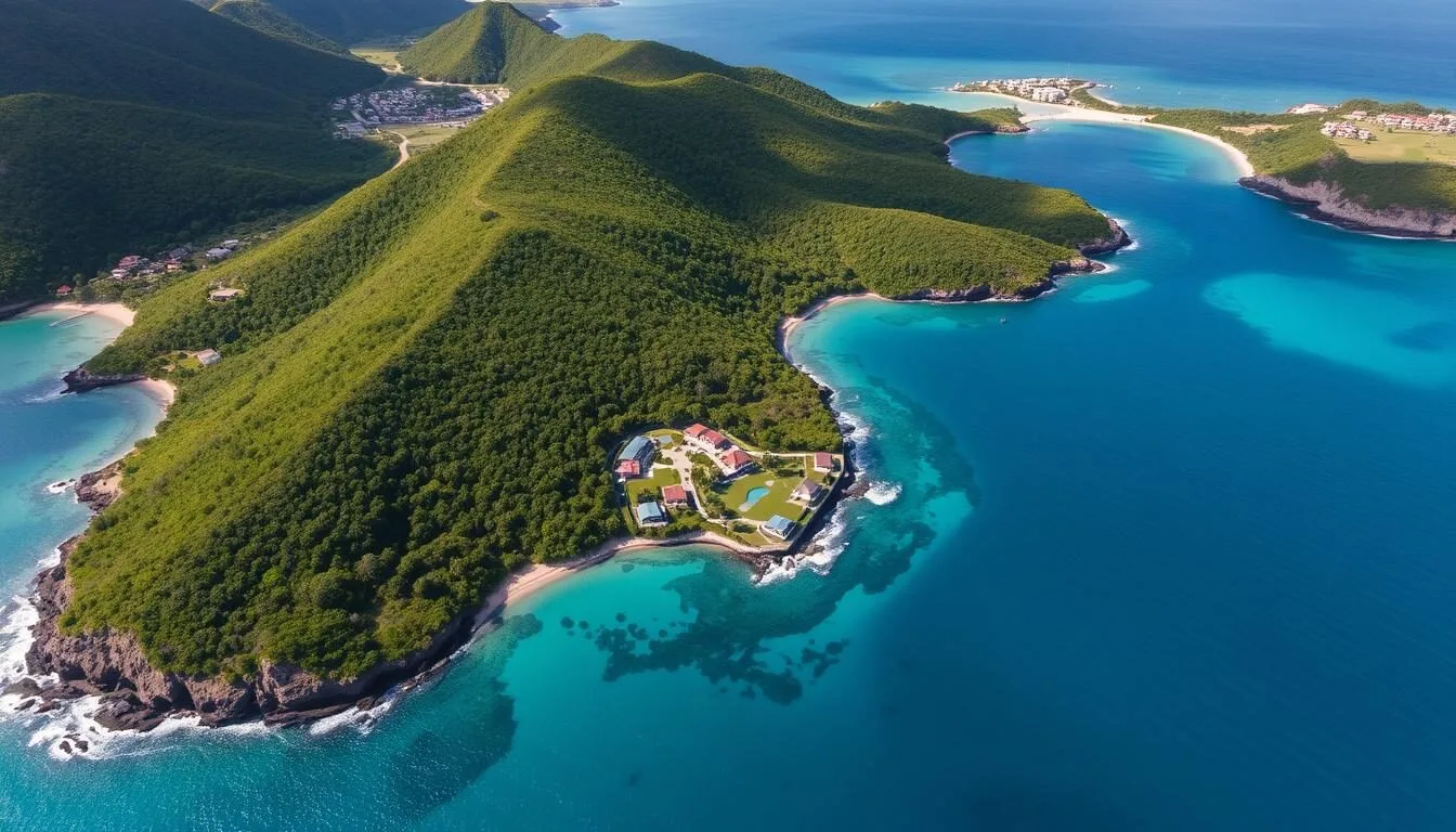 Aerial view of Cap Estate St. Lucia showing the peninsula surrounded by turquoise waters