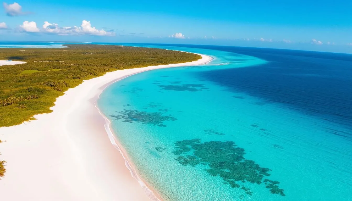 Aerial-view-of-Cayo-Largo-del-Sur-island-showing-Playa-Paraiso-Cayo-Largo-del-Sur-Cuba-with-its Aerial view of Cayo Largo del Sur island showing Playa Paraiso Cayo Largo del Sur Cuba with its pristine beaches and turquoise waters