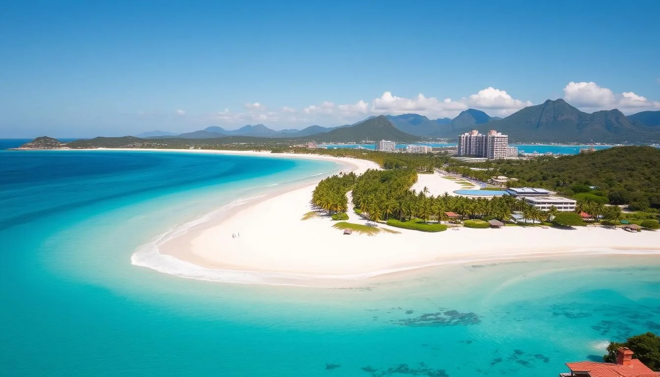 Aerial view of Dawn Beach St. Martin showing its crescent shape and crystal clear waters