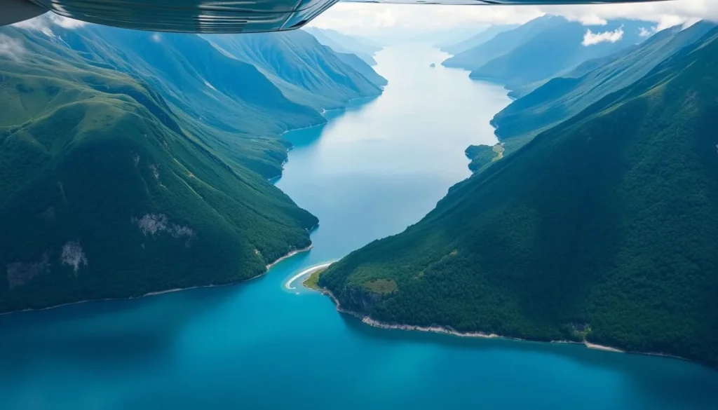 Aerial view of Doubtful Sound showing the winding fiord surrounded by forested mountains