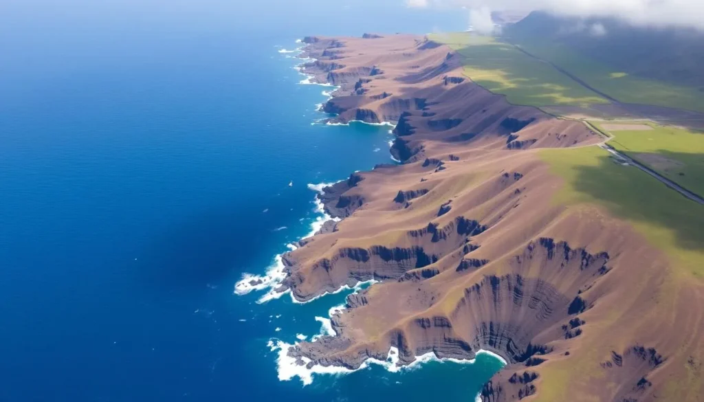 Aerial view of Easter Island's coastline showing its remote location in the Pacific Ocean, essential information for any Easter Island travel guide