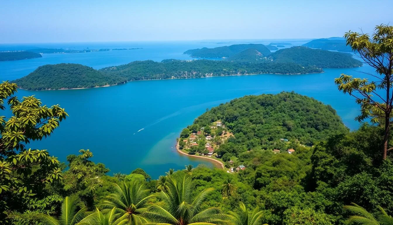 Aerial-view-of-Entebbes-lush-green-landscape-with-Lake-Victoria-in-the-background Aerial view of Entebbe's lush green landscape with Lake Victoria in the background