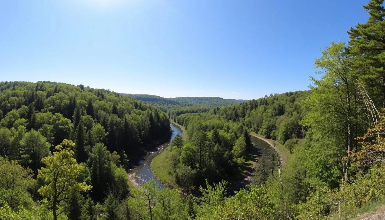 Aerial-view-of-Evansburg-State-Park-Pennsylvania-showing-the-winding-Skippack-Creek-surrounded- Aerial view of Evansburg State Park Pennsylvania showing the winding Skippack Creek surrounded by lush forest