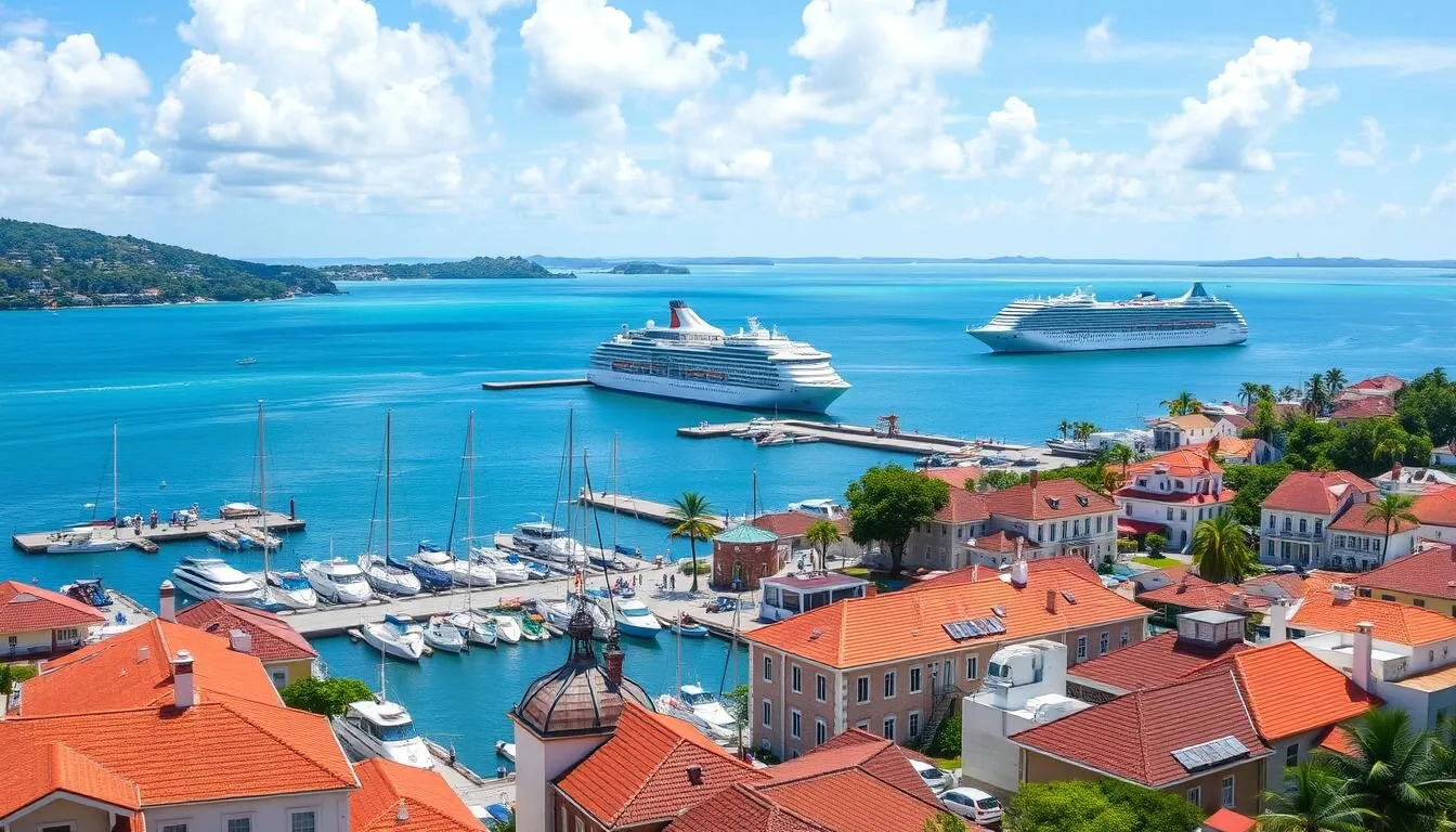 Aerial-view-of-Falmouth-Jamaica-harbor-with-cruise-ships-and-historic-buildings Aerial view of Falmouth Jamaica harbor with cruise ships and historic buildings