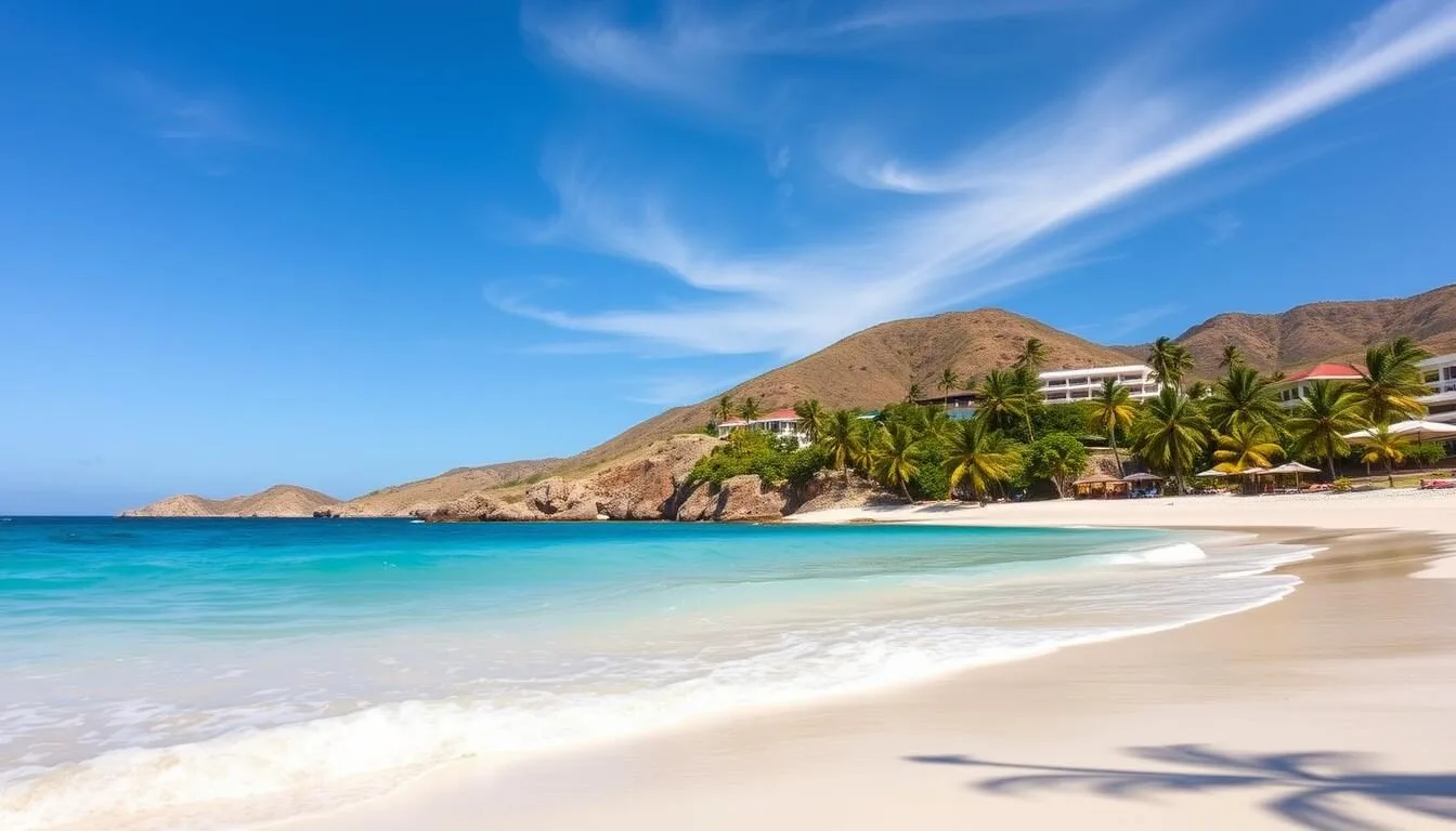 Aerial view of Flamands Beach St Barts showing white sand beach and turquoise waters