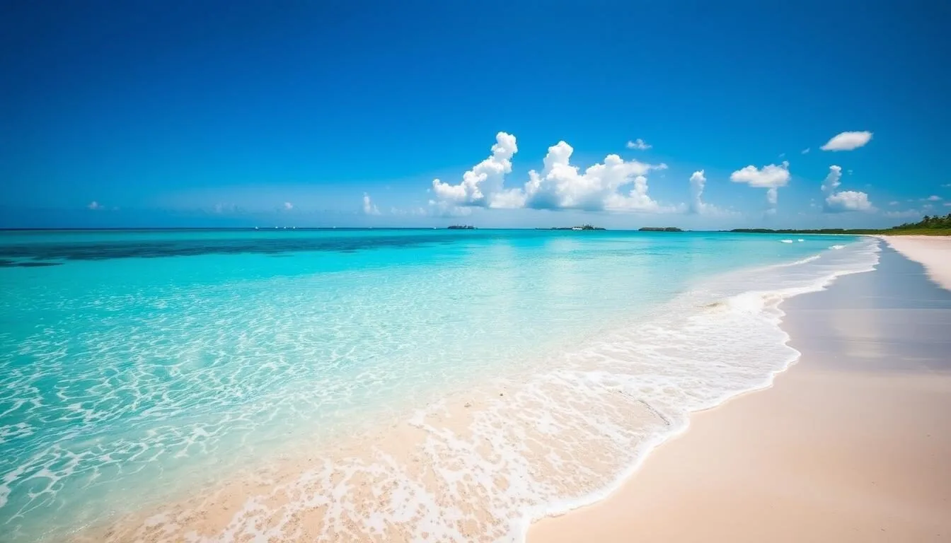 Aerial view of Fort George Cay's pristine white sand beaches and turquoise waters in Turks & Caicos