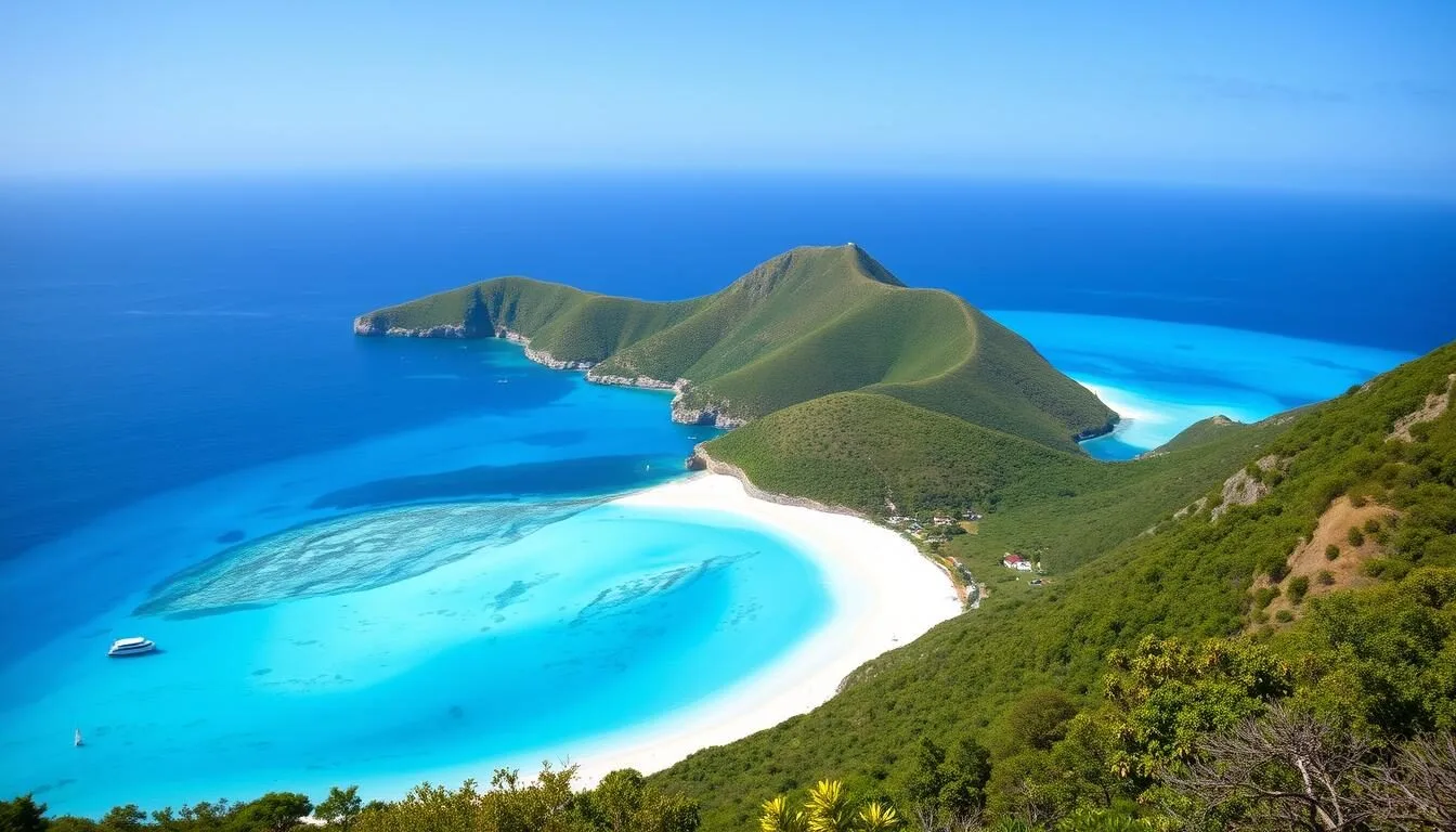 Aerial view of Gouverneur Beach St Barts showing the beautiful turquoise bay and surrounding green hills