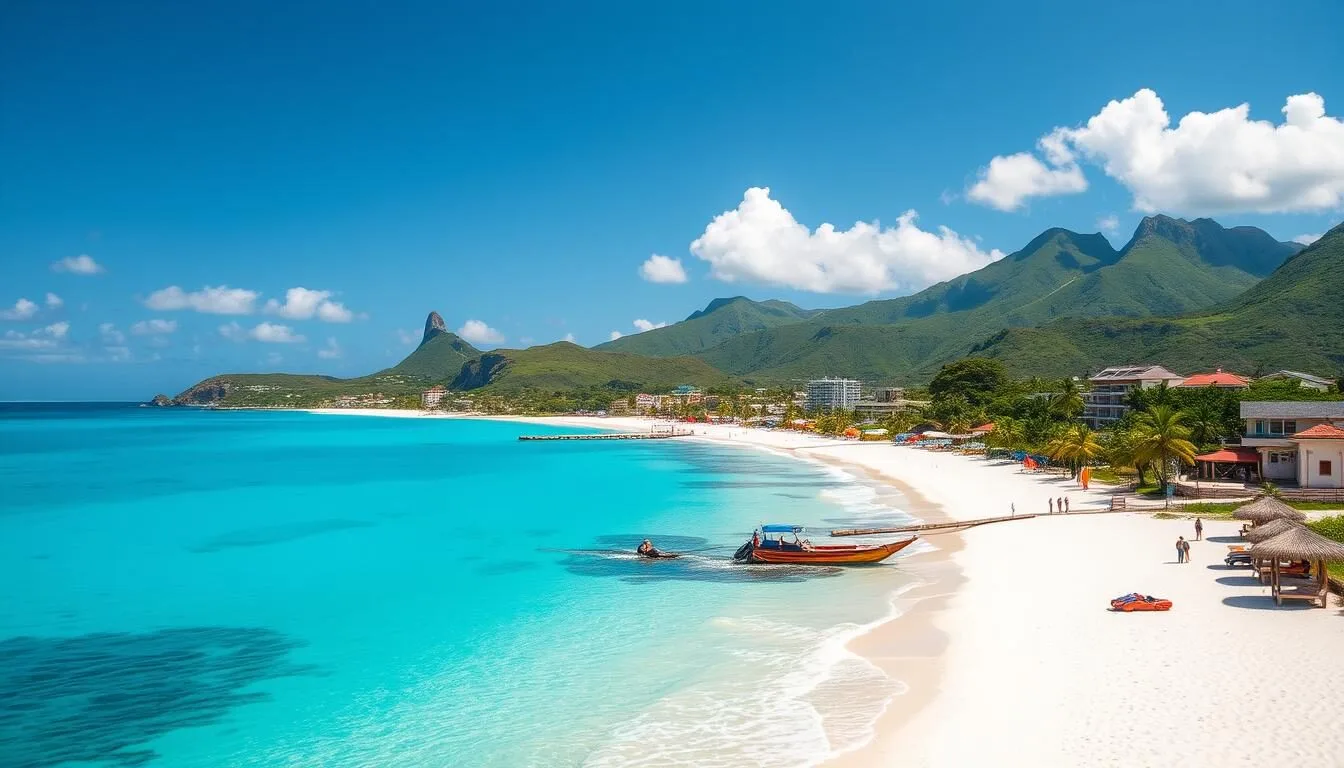 Aerial-view-of-Grand-Case-beach-with-turquoise-waters-and-surrounding-mountains-1 Aerial view of Grand Case beach with turquoise waters and surrounding mountains