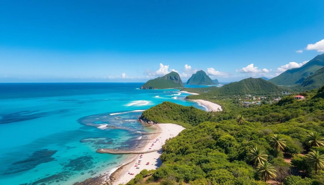 Aerial view of Gros Islet's coastline showing beautiful beaches and the lush green landscape of St. Lucia