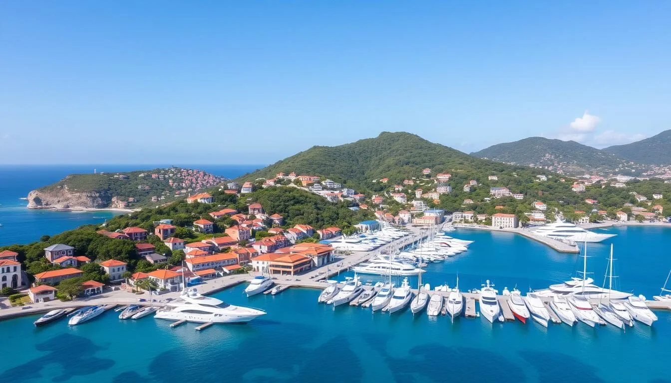 Aerial view of Gustavia harbor with luxury yachts and red-roofed buildings nestled against turquoise waters, showcasing the best things to do in Gustavia St. Barts