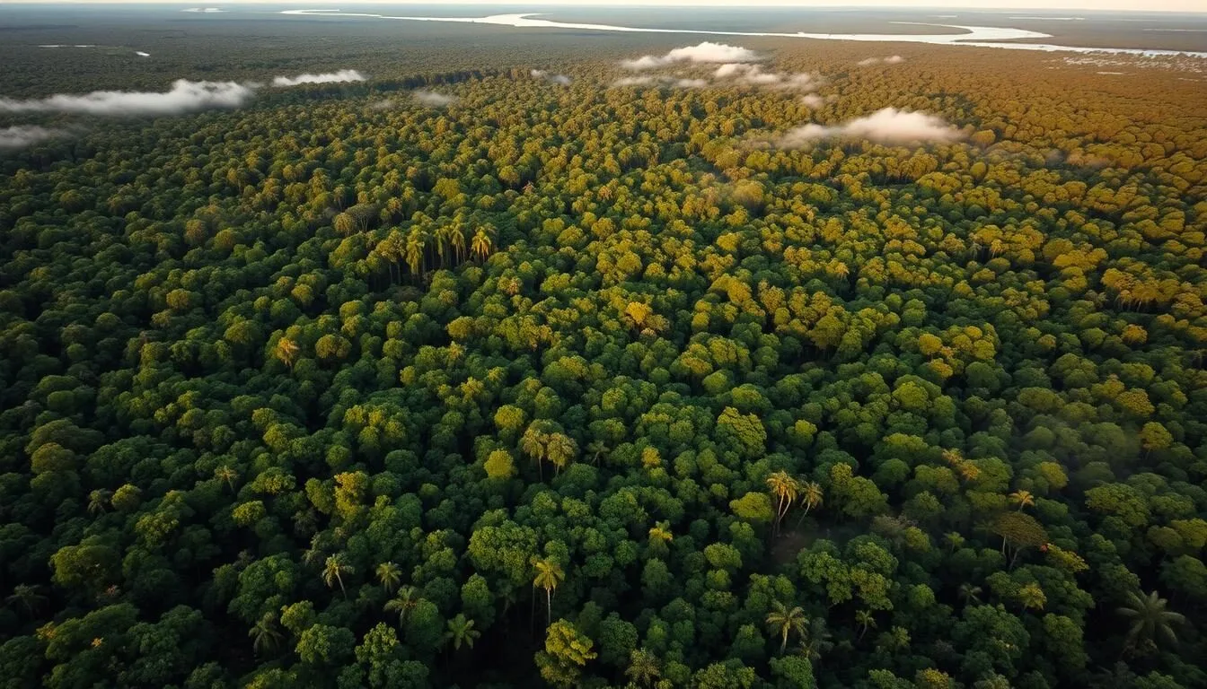 Aerial-view-of-Iwokrama-Rainforest-canopy-with-morning-mist-rising-from-the-dense-green-jungle Aerial view of Iwokrama Rainforest canopy with morning mist rising from the dense green jungle