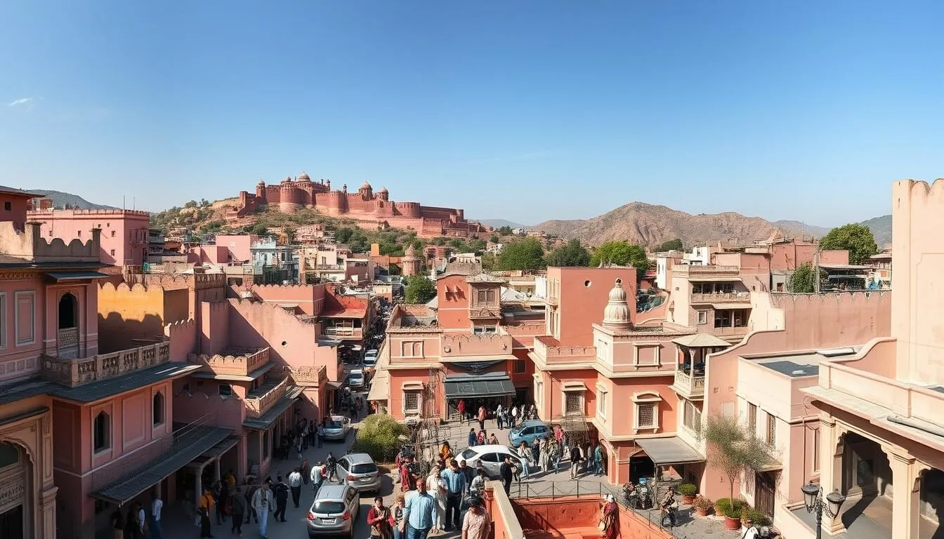 Aerial view of Jaipur's pink-colored buildings with Amber Fort in the distance, showcasing why it's called the Pink City