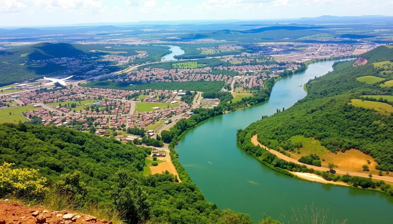 Aerial view of Jinja city with the Nile River flowing through lush green landscape