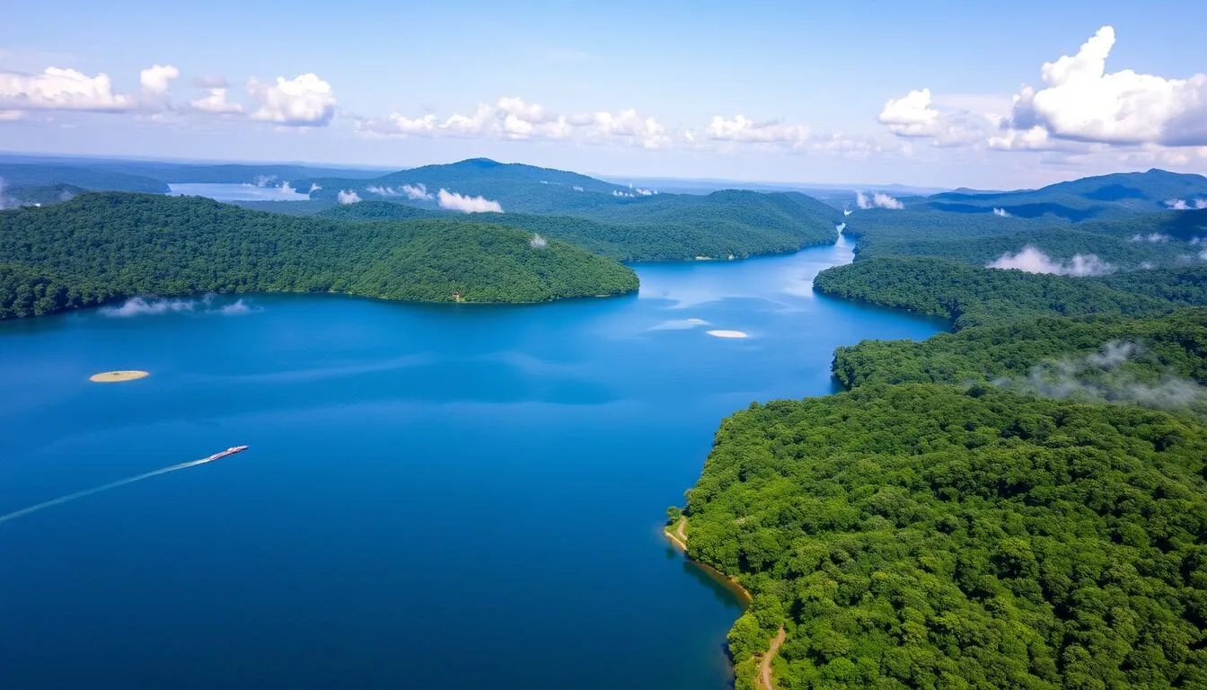 Aerial view of Jonestown Lake surrounded by lush Guyanese rainforest