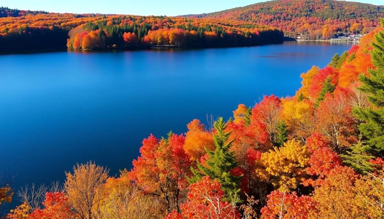 Aerial-view-of-Keystone-State-Park-Pennsylvania-showing-the-78-acre-lake-surrounded-by-vibrant- Aerial view of Keystone State Park Pennsylvania showing the 78-acre lake surrounded by vibrant autumn foliage