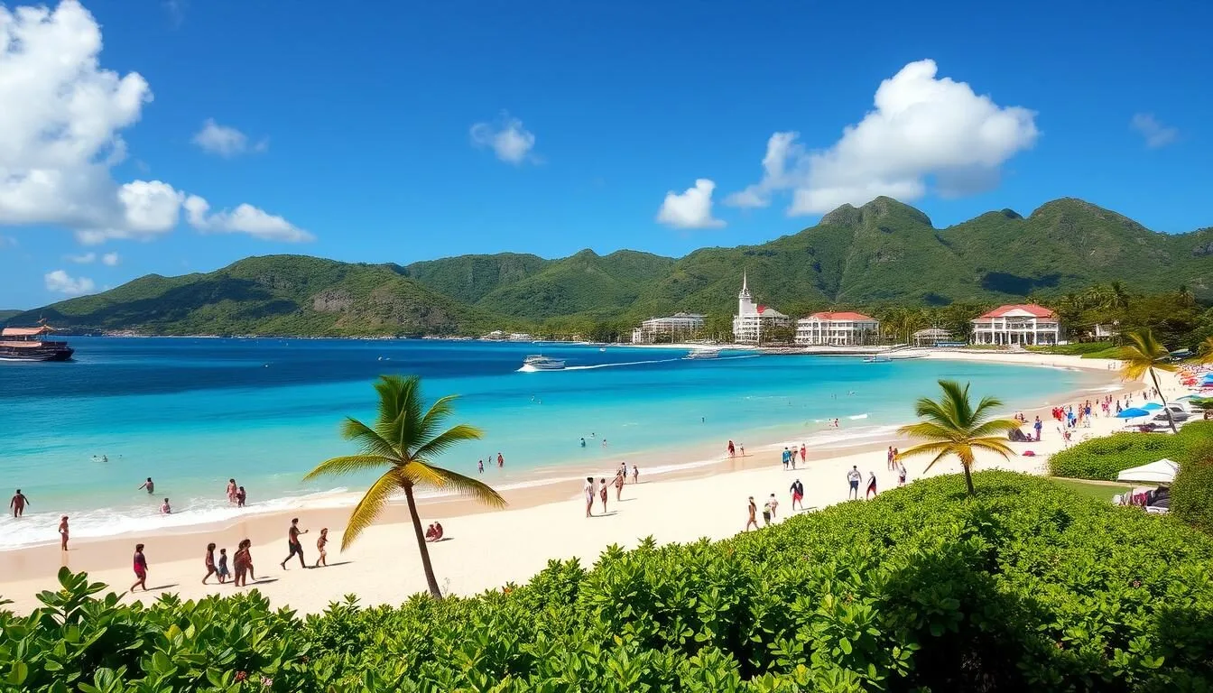 Aerial view of Kittian Village beaches and resorts in St. Kitts with turquoise waters and lush green hills