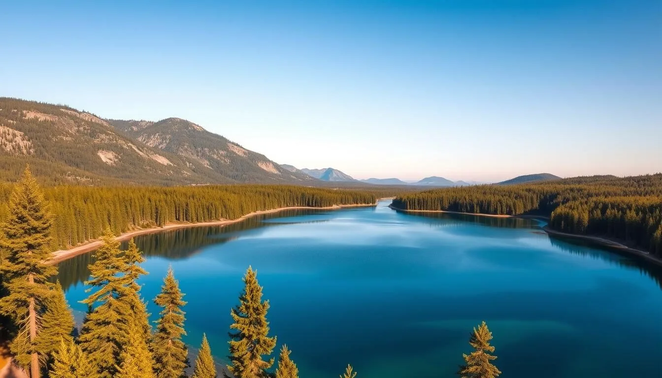 Aerial view of Lake Palkino surrounded by dense forests with sunlight reflecting off its pristine waters