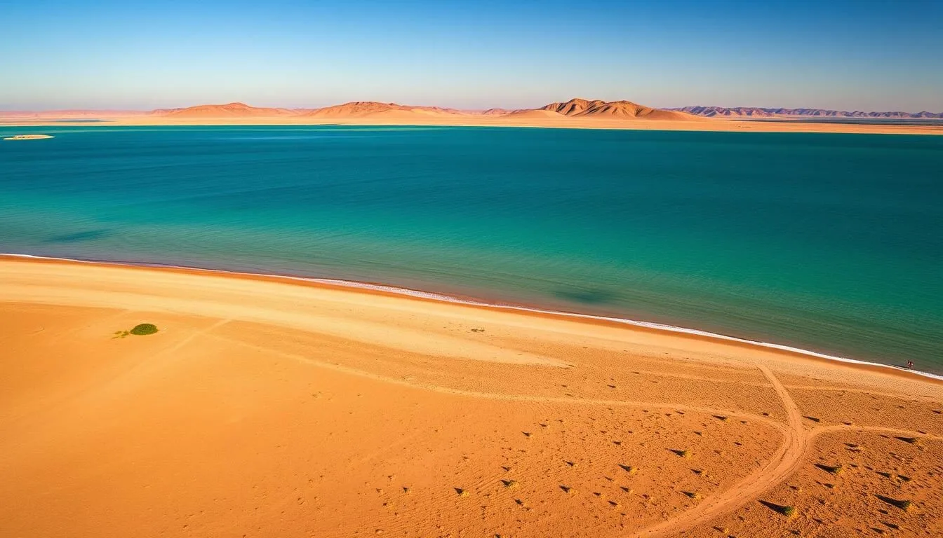 Aerial view of Lake Turkana's northern shores in Ethiopia showing the turquoise waters meeting the desert landscape