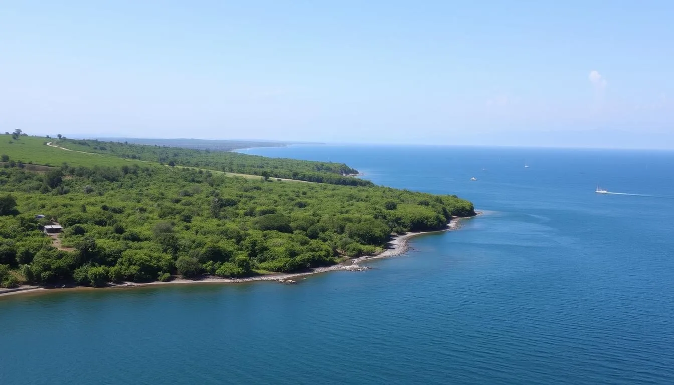 Aerial-view-of-Lake-Victoria-shoreline-with-lush-green-vegetation-and-blue-waters Aerial view of Lake Victoria shoreline with lush green vegetation and blue waters