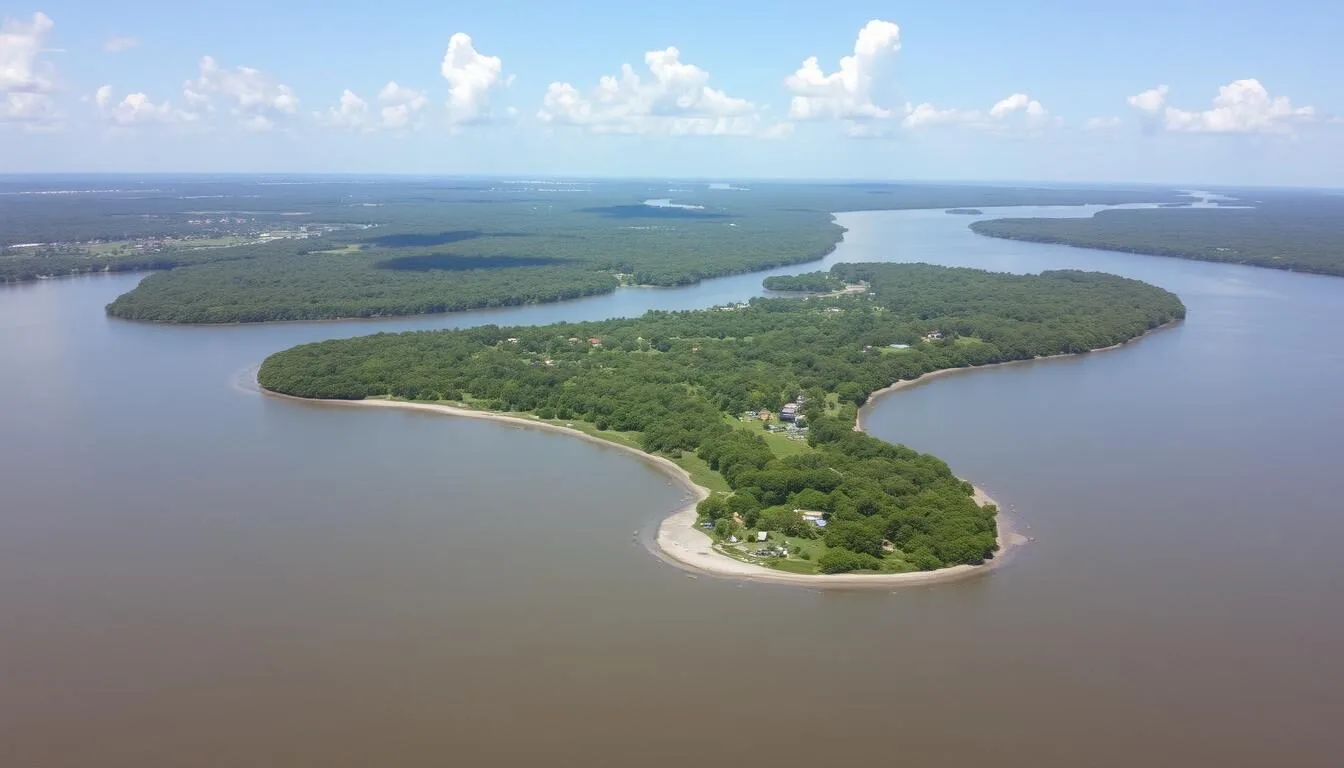 Aerial view of Leguan Island in the Essequibo River, Guyana showing lush greenery and riverfront