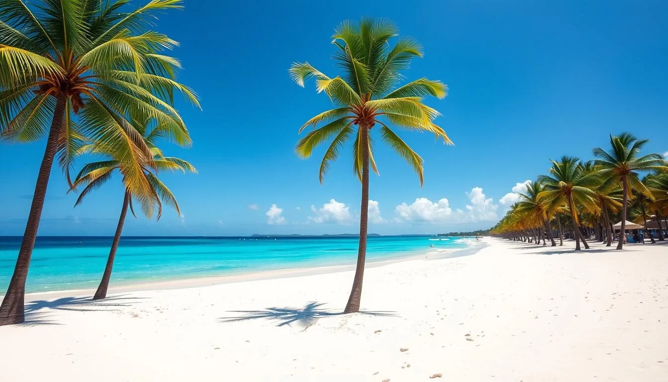 Aerial view of Les Salines Beach Martinique showing the long stretch of white sand and turquoise waters