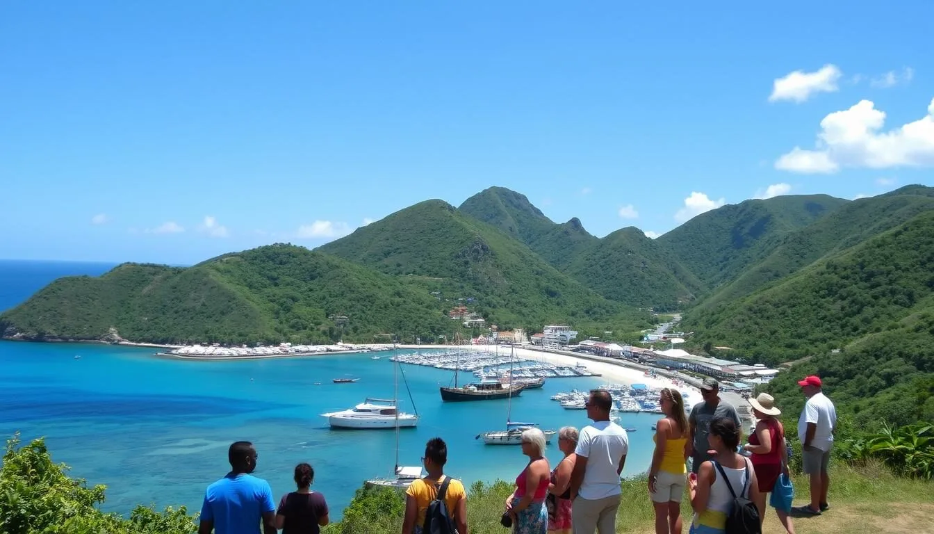 Aerial view of Little Bay, Montserrat showing the harbor and surrounding lush green hills