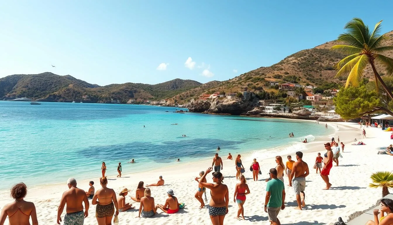 Aerial view of Lorient Beach in St. Barts with crystal clear turquoise waters and white sand beaches