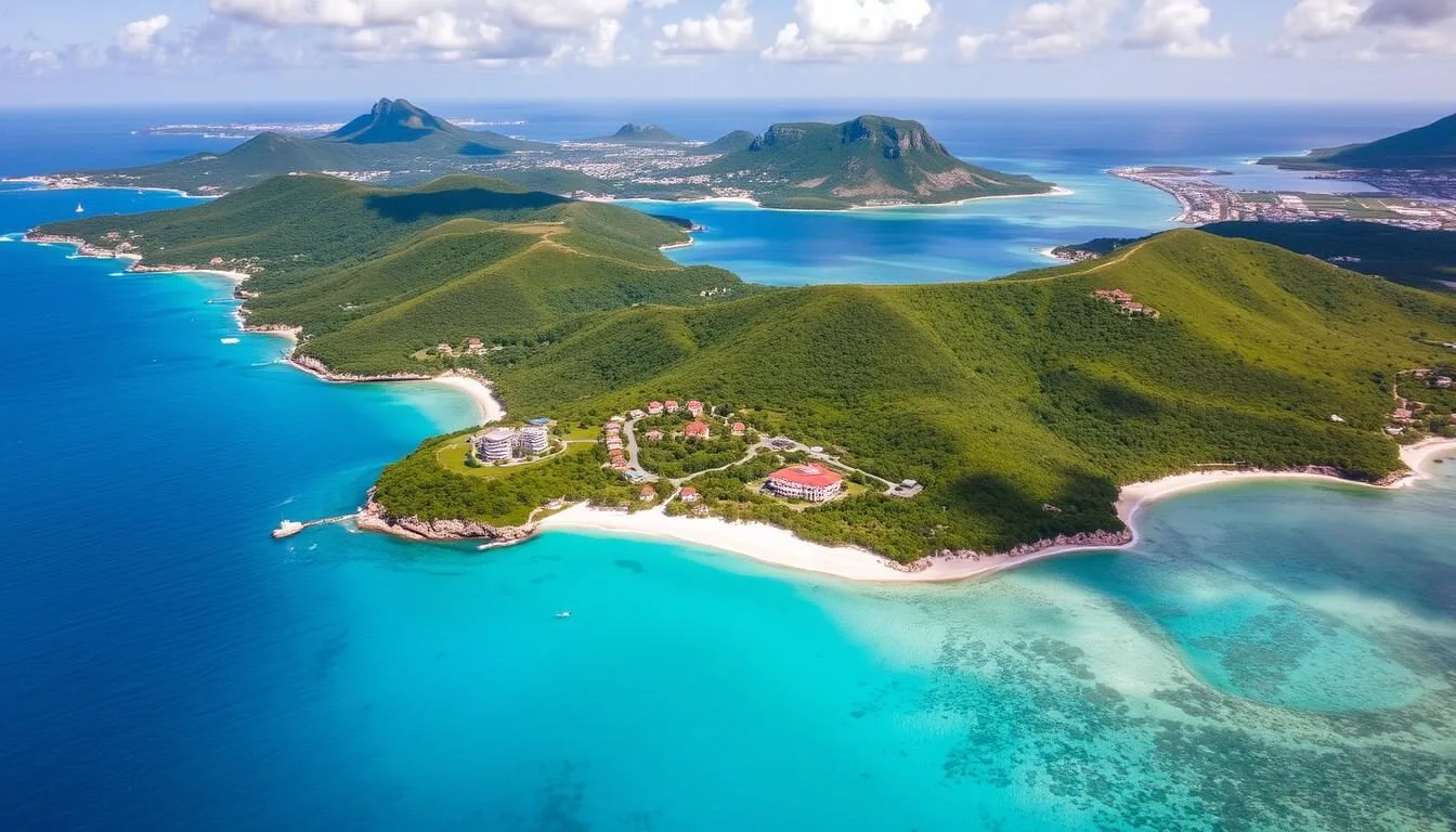Aerial view of Lowlands, St. Martin showing the coastline and surrounding turquoise waters